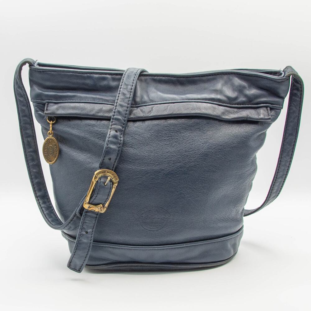 Vintage Navy Blue STONE MOUNTAIN Purse USA Made Soft Butter Leather Bucket Bag